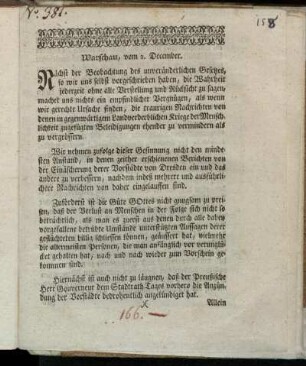 Warschau, vom 2. December : Nächst der Beobachtung des unveränderlichen Gesetzes, so wir uns selbst vorgeschrieben haben, die Wahrheit jederzeit ohne alle Verstellung und Rücksicht zu sagen ...