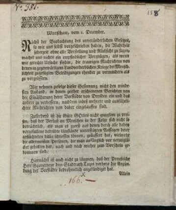 Warschau, vom 2. December : Nächst der Beobachtung des unveränderlichen Gesetzes, so wir uns selbst vorgeschrieben haben, die Wahrheit jederzeit ohne alle Verstellung und Rücksicht zu sagen ...