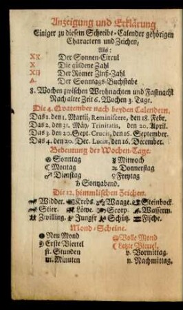 Anzeigung und Erklärung Einiger zu diesem Schreibe-Calender gehörigen Charactern und Zeichen,