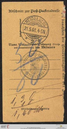 Abschnitt zur Post-Paketadresse (21.05.1901, Heidelberg)