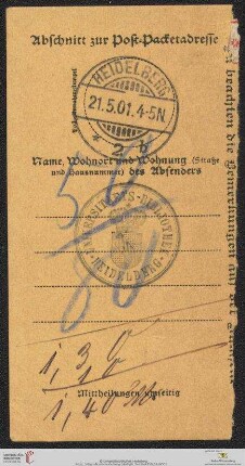 Abschnitt zur Post-Paketadresse (21.05.1901, Heidelberg)