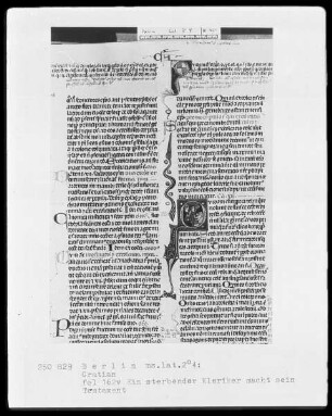 Decretum Gratiani, mit Kommentar des Bartholomäus von Brescia — Initiale Q (uidam), darin macht ein sterbender Kleriker sein Testament, Folio 162verso