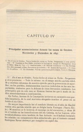 Capítulo IV. Principales acontecimientos durante los meses de Octubre, Noviembre y Diciembre de 1897