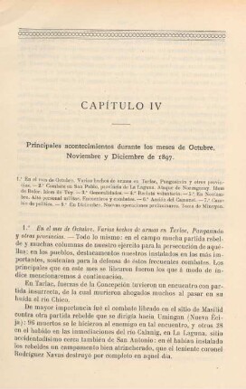 Capítulo IV. Principales acontecimientos durante los meses de Octubre, Noviembre y Diciembre de 1897