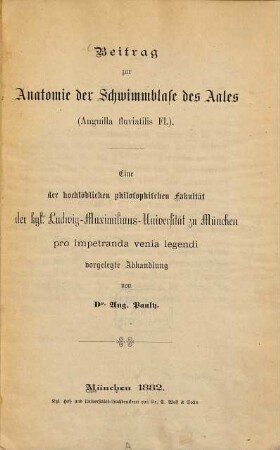 Beitrag zur Anatomie der Schwimmblase des Aales (Anguilla fluviatilis Fl.) : Habilitations-Schrift