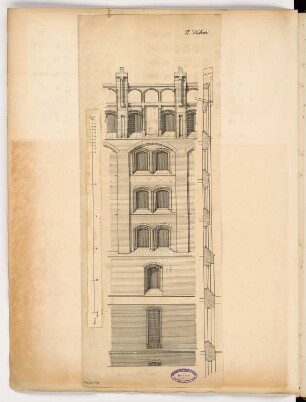 Getreidespeicher an der Oberspree, Berlin Monatskonkurrenz April 1895: Aufriss Straßenansicht (Ausschnitt), Vertikalschnitt der Fassade 1:200; Maßstabsleiste