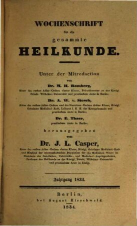 Wochenschrift für die gesammte Heilkunde. 1834