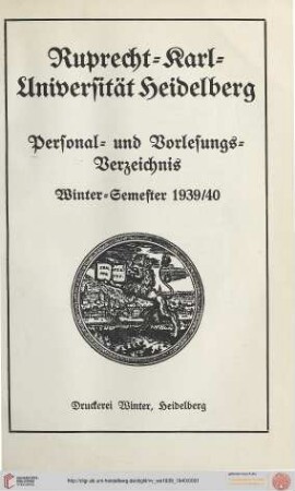 Personal- und Vorlesungsverzeichnis: Personal- und Vorlesungs-Verzeichnis Wintersemester 1939/40