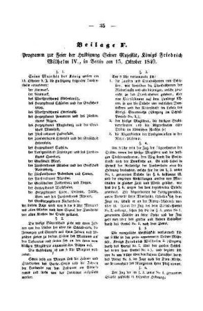 Beilage F. Programm zur Feier der Huldigung Seiner Majestät, Königs Friedrich Wilhelm IV., in Berlin am 15. Oktober 1840
