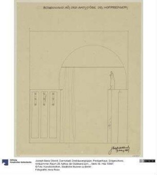 Darmstadt, Dreihäusergruppe, Predigerhaus, Erdgeschoss, Amtszimmer, Raum 28, Aufriss der Südwand zum Erker