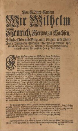 Von Gottes Gnaden Wir Wilhelm Heinrich, Herzog zu Sachsen ...