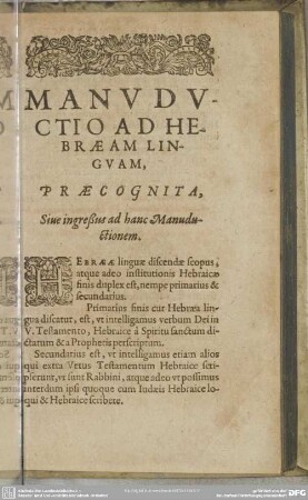 Manuductio Ad Hebraeam Linguam, Praecognita, Sive Ingreßus ad hanc Manuductionem