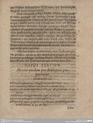 CAPUT TERTIUM. Monita quaedam pro Bibliopolis proponuntur.