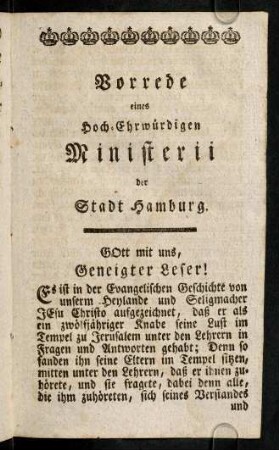 6r-8v, Vorrede eines Hoch-Ehrwürdigen Ministerii der Stadt Hamburg.