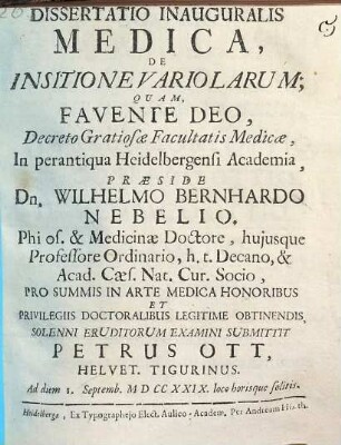 Dissertatio Inauguralis Medica, De Insitione Variolarum