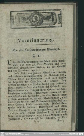 Vorerinnerung. Von den Säulenordnungen überhaupt