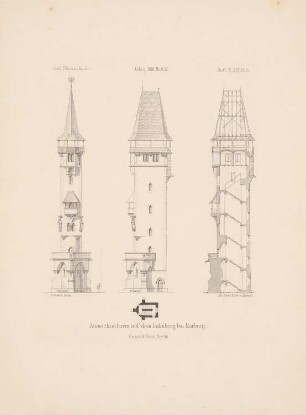 Aussichtsturm auf Spiegelslust, Marburg: Grundriss, Ansichten, Querschnitt (aus: Architektonisches Skizzenbuch, H. 169/4, 1881)