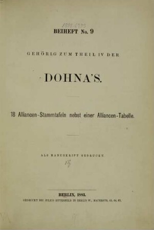 Beih. 9: Aufzeichnungen über die Vergangenheit der Familie Dohna. Beih. 9