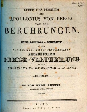 Einladungsschrift zur feierlichen Preisevertheilung am Königlichen Gymnasium bei St. Anna : zum Schlusse des Studienjahres .... 1832
