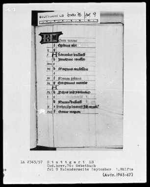 Niederdeutsches Stundenbuch (Lüning-Bergheim-Gebetbuch) — Kalenderseite, September 1. Hälfte, Folio 9recto