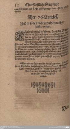 Der 76. Artickel. Jüden sollen nicht geduldet noch gehauset werden.