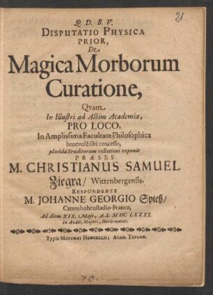 Disputatio Physica Prior, De Magica Morborum Curatione