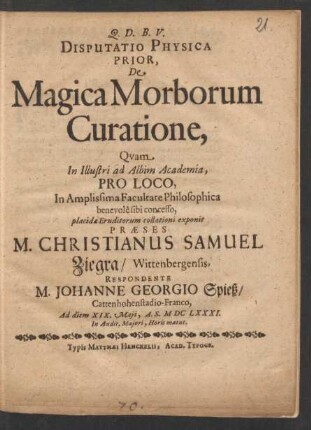 Disputatio Physica Prior, De Magica Morborum Curatione