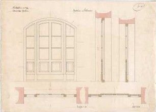 Voit, August von; München; Botanischer Garten - Souterrain - Glastüren (Grundriss, Ansicht, Schnitte)