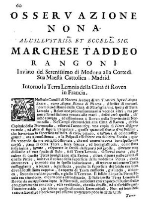 Osservazione Nona all'Illustriss. et Eccell. Sig. Marchese Taddeo Rangoni ...