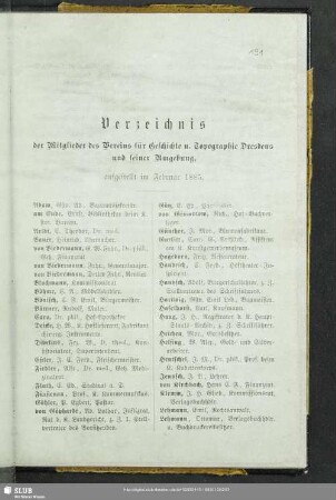 Verzeichnis der Mitglieder des Vereins für Geschichte u. Topographie Dresdens und seiner Umgebung