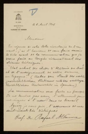 5: Brief von Rafael Altamira y Crevea an Otto von Gierke, Oviedo, 8.4.1908