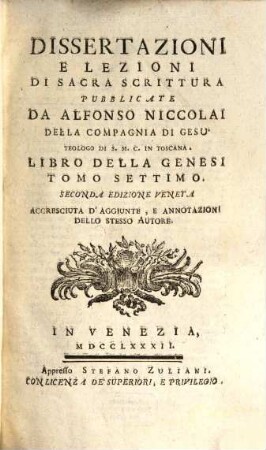Dissertazioni E Lezioni Di Sacra Scrittura, Tomo Settimo. Libro Della Genesi
