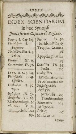 Index Scientiarum In hac Synopsi Juxta seriem Capitum & Paginar.