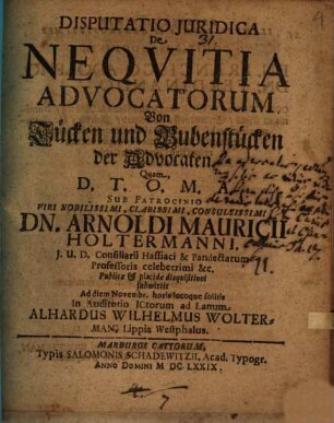 Disputatio Juridica De Neqvitia Advocatorum Von Tücken und Bubenstücken der Advocaten