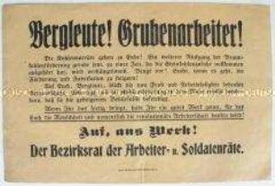Flugblatt mit dem Aufruf des Arbeiter- und Soldatenrates an die Bergarbeiter, die Kohleförderung zu erhöhen