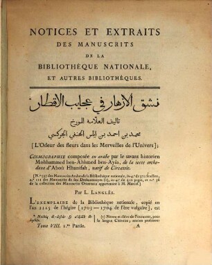 Notices et extraits des manuscrits de la Bibliothèque Nationale et autres bibliothèques. 8. 1810