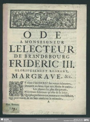 Ode à Monseigneur l'Électeur de Brandebourg Frideric III.