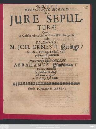 Exercitatio Moralis De Iure Sepulturae