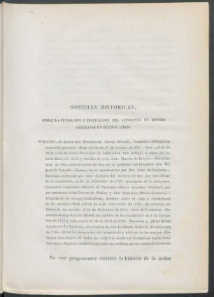 Noticias históricas, sobre la fundación y edificación del convento de monjas catalinas en Buenos Aires.