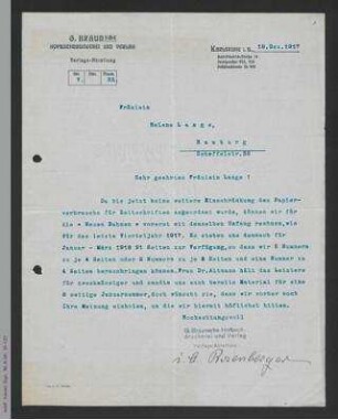 Brief der G. Braunschen Hofbuchdruckerei an Helene Lange