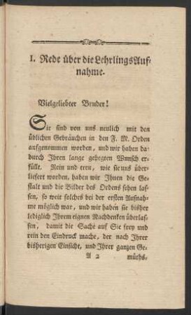 I. Rede über die LehrlingsAufnahme