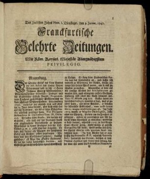 Num. I. Dienstags, den 3. Januar. 1747 - Num. X. Freytags, den 3. Februar. 1747