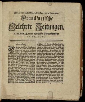 Num. I. Dienstags, den 3. Januar. 1747 - Num. X. Freytags, den 3. Februar. 1747