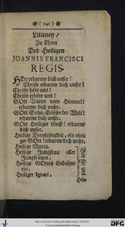 Litaney zu Ehren des Heiligen Joannis Francisci Regis.