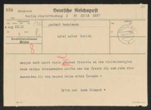 Brief von Irma Klimsch und Fritz Klimsch an Gerhart Hauptmann