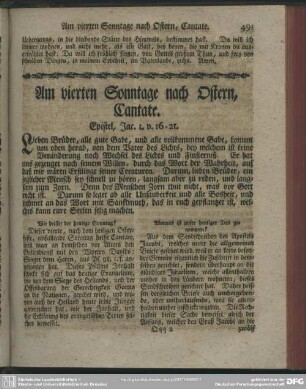 Am vieren Sonntage nach Ostern, Cantate. Epistel, Jac. 1. v. 16-21