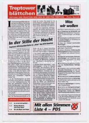 Informationsblatt der PDS Berlin-Treptow zur Wahl des Berliner Abgeordnetenhauses 1995