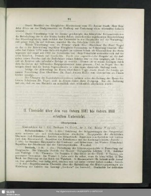 II. Übersicht über den von Ostern 1887 bis Ostern 1888 erteilten Unterricht