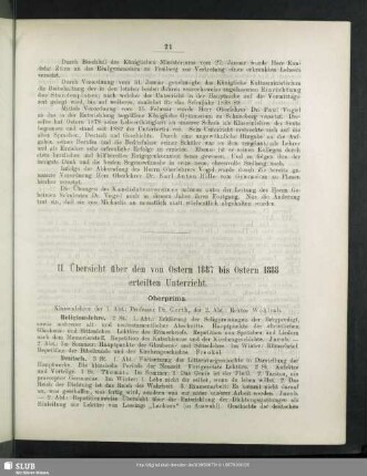 II. Übersicht über den von Ostern 1887 bis Ostern 1888 erteilten Unterricht