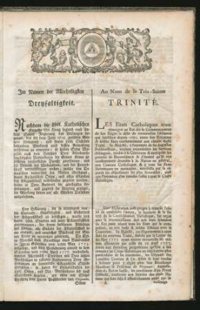 Im Namen der Allerheiligsten Dreyfaltigkeit. = Au Nom de la Très-Sainte Trinité.